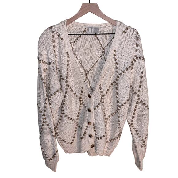 VINTAGE CLIFFORD & WILLIS chunky knit gold embroidered cardigan M - Picture 1 of 5